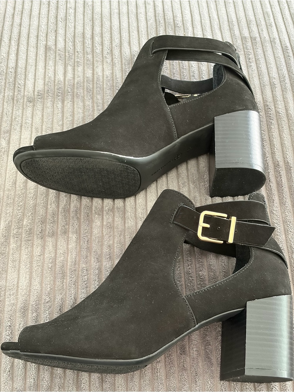 Giani Bernini Black Suede Cutout Ankle Booties with Gold Buckle